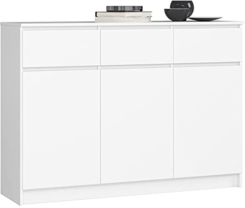AKORD Kommode K 140 cm | 3 Schubladen und 3 Türen | für Wohnzimmer Schlafzimmer Schrank Arbeitszimmer | Modernes Funktionales Design | Schichtstoffplatte 16mm Farbe Weiß