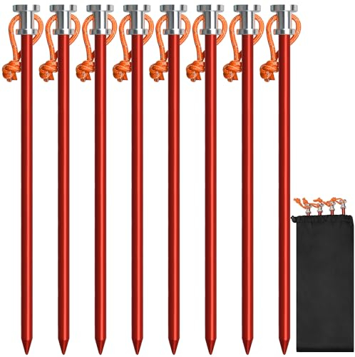 DkOvn Tent Stakes, 4/8/12/16 Pack Heavy Duty Lightweight 9 Aluminum Tent Stakes Pegs with Rope Head and Storage Bag, Canopy Stakes Pegs for Camping, Canopy, Outdoor(8 Pack Red)
