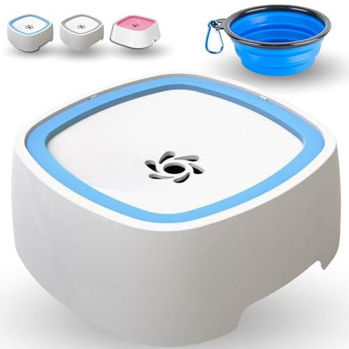 MandA® GAMELLE Anti eclaboussure Chien. Abreuvoir Eau Chat Anti renversemen. Portable. Niveau d'eau réglable. Bol Pliable Gratuit. 1,5L. Blanc et Bleu