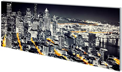 Wallario Wandgarderobe aus Glas in Größe 80 x 30 cm mit Memoboard-Funktion, Motiv: Großstadt bei Nacht - Seattle in schwarz weiß gelb | 5 Kleiderhaken zum Aufhängen von Jacken