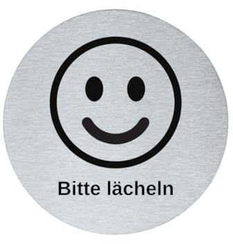 Stahl-Design-Tebart Hinweisschild „Bitte lächeln“ – rund 7,5 cm aus Edelstahl, selbstklebend mit 3M, graviert, wetterfest, Piktogramm für Tür, Eingang & Büro