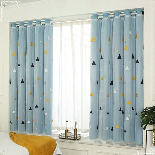 Gualiy Wohnzimmer Vorhang 2 Set, Abdunkelnde Vorhänge Blickdicht Ösen 340x170CM Sternendreieck Bedruckte Doppelschicht Vorhang Blau Vorhänge für Wohnung