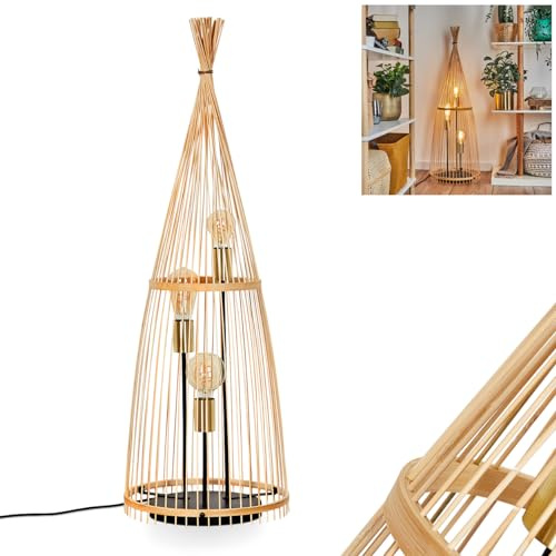 Stehleuchte Staby, moderne Stehleuchte aus Metall/Bambus in Schwarz/Naturfarben, Leuchte im Boho-Style mit Fußschalter am Kabel, Höhe 101,5 cm, Ø 34 cm, 3 x E27, ohne Leuchtmittel