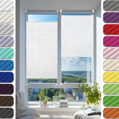 Plissee Plisseerollo Klemmfix Ohne Bohren 75 x 225 cm, Blickdicht Sichtschutz Sonnenschutz, Raffrollo ohne Bohren Plissees, Thermo Plissee ohne Bohren, für Fenster & Tür, Weiß
