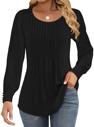 Cuptacc 2025 Damen Langarmshirt Rundhals Longshirt Mit Knöpfen Elgant Puffärmel Tunika Lässig Schwarz Groß L 42-44