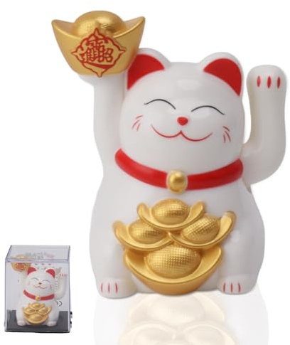 Jwthee Maneki Neko Lucky Cat Statue, 2in Chinese Waving Cat Moving Arm Cute White Beckoning Cat Feng Shui Lucky Wealth Welcoming Cat Solar Powered Waving Cat for Car Dash, Stores, Home, Office