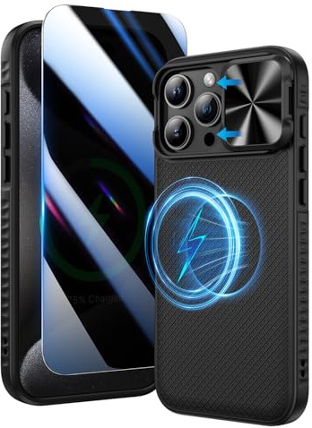 Doeshine for iPhone 16 Pro Max Case Screen Protector and Camera Cover,Black | Privacy Screen,Slide Camera Cover, Military-Grade Drop Protection Rugged Hard Magnetic Phone Case Cover for iPhone 16 Pro Max