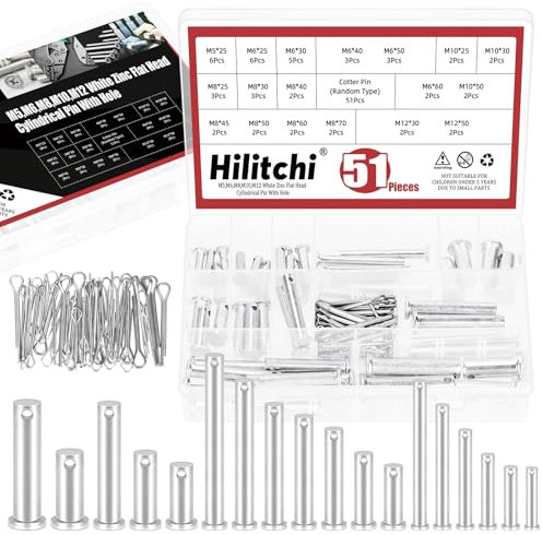 Hilitchi 51Pcs 18Sizes M5 M6 M8 M10 M12 Clevis Pins Assortment Kit Flat Head Clevis Pins Single Hole Clevis Pin with Zinc Plated Steel Cotter Pin T-Shape Round Pin for Mechanics Repair