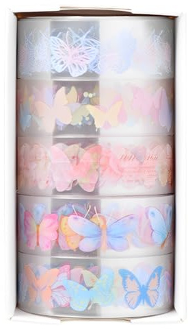 iSpchen 5 rollos de cinta adhesiva Washi Tape Set Washi Cinta adhesiva transparente mariposa decorativa Masking Tape PET cinta adhesiva para manualidades, álbumes de recortes, papel de regalo
