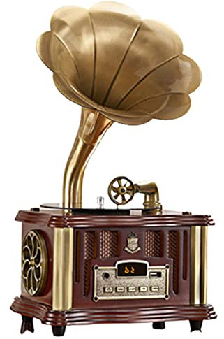 FLNOZAMZ Retro-Plattenspieler, Mini-Tischplatten-Grammophon mit Bluetooth-Lautsprecher mit Funkfernbedienung, eingebauter Lautsprecher/UKW-Radio/USB (Walnut)
