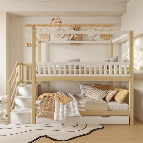 KecDuey Litera de 90 x 200 cm, cama infantil, cama doble de madera maciza, forma de casa, diseño de rejilla de seguridad, con compartimento de almacenamiento y escalera de seguridad, con cama nido de