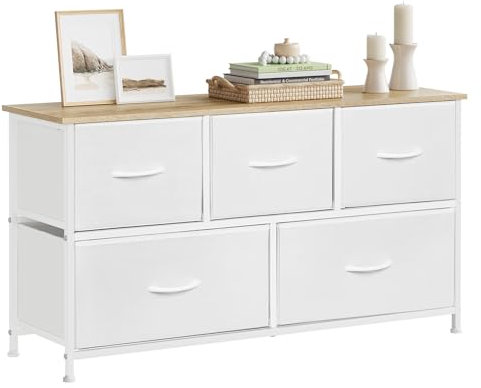 WOLTU Kommode mit 5 Schubladen aus Stoff, Kommodenschrank Sideboard TV-Schrank, für Wohnzimmer Schlafzimmer Flur, aus Metallrahmen Holzwerkstoff, Weiß, SSK005ws