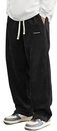 Hidkat Pantaloni casual da uomo in velluto a coste alla moda, vestibilità larga, pantaloni della tuta dritti con coulisse in vita elastica, nero, XX-Large