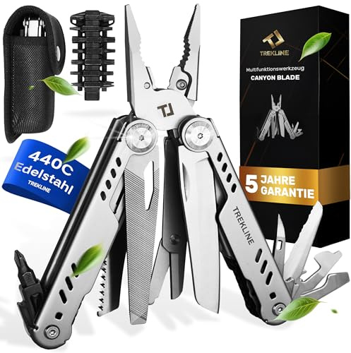 TREKLINE Premium Multitool Werkzeug [rostfreier Edelstahl] Survival Multifunktionsmesser perfektes Camping Zubehör, Multifunktionswerkzeug [+35 Funktionen] Taschenmesser