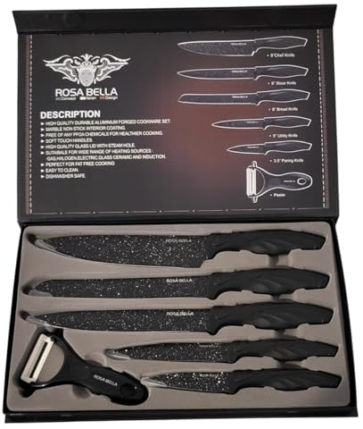 Ensemble de 6 couteaux de Cuisine en acier inoxydable, Revêtement en Marbre, Lames Antiadhésives, Couteaux Noir, 6 couteaux tres coupants, ustensiles de cuisine, épluche légume, lames à couper