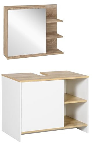 kleankin Set Arredo Bagno 2 Pezzi con Mobile Specchiera a 3 Ripiani Aperti e Mobile Sottolavabo con 2 Ripiani Aperti e Armadietto, in Truciolato e Vetro, Color Legno