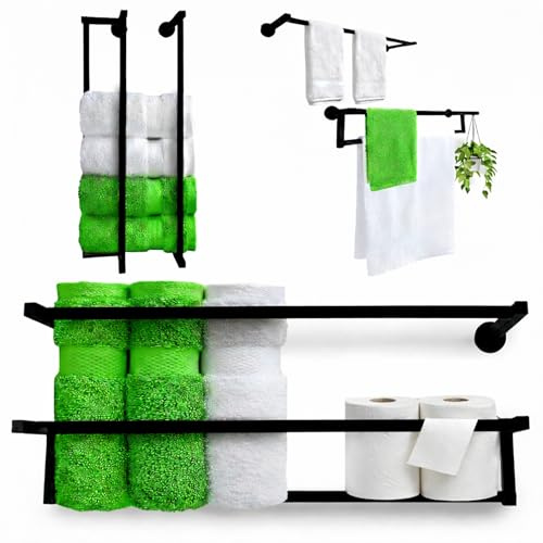 Black Towel Racks for Bathroom Wall Mounted | 4 in 1 Multifuntional, Horizontal & Vertical Wall Towel Holder for Rolled Towels & Double Hanging Towel Bar & Toilet Paper Holder | Towle Rack Rustproof