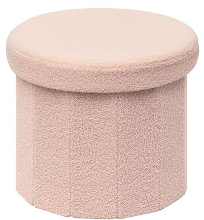 PINPLUS Hocker mit Stauraum faltbar, Zylindrischem, Dekorativer Sitzhocker aus Bouclé-Stoff, Rosa, 38x38x33.5cm, für Schminktisch, Schlafzimmer, Wohnzimmer