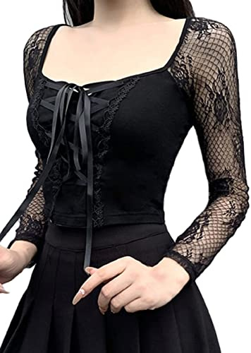 YINGWIN Goth Kläder Dam Sexig Långärmad Crop Tops Goth Punk Gothiskt Topp, svart, S