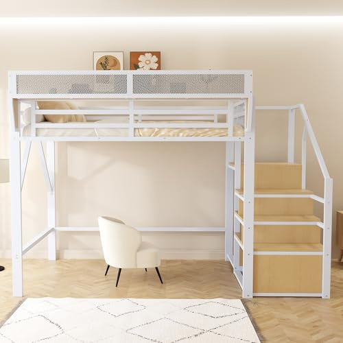 Kebnor Hochbett mit Sicherheitsleiter und flexiblem Staufach, Metallbett Erwachsenenbett Kinder-Etagenbett Weiß 140x200cm