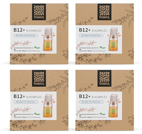 basics B12 + B-Komplex mit allen 8 B-Vitaminen - Hochdosiert mit 500mcg Vitamin B12 - für mehr Energie und Unterstützung des Nervensystems - 30 Trinkflaschen - 10ml pro Tagesdosis – Vegan - 4er Pack