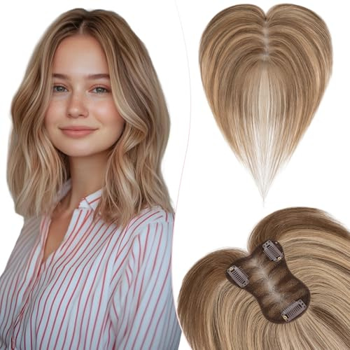 Silk-co 11 Pouces Volumateur Capillaire Femme Naturel Avec Frange Centrée Pour Chevelure Clairsemée cheveux humain 8 * 11cm-21g Toupet Femme Densité 150% Base en Soie,#4P27 Châtain & Blond Foncé