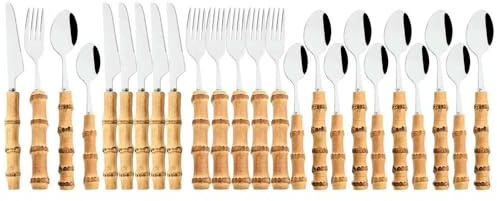 GYMIGE Ensemble de Couverts de Table en Acier Inoxydable avec Manche en Bois Imitation, 24/30 pièces, Vaisselle Occidentale, Couteaux, fourchettes, cuillères, argenterie