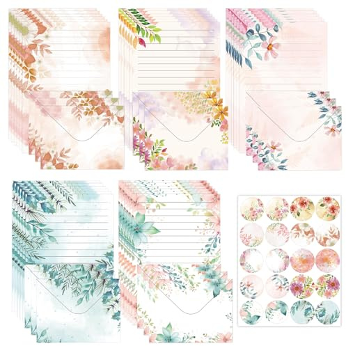 65 Teiliges Blumen Briefumschlag Set,30 Blatt A5 Briefpapier mit 15 Umschlägen und 20 Verschlussaufklebern,Hübsches Briefpapier Set für Liebesbriefe Geburtstagseinladungen Muttertag (Blumen-A)