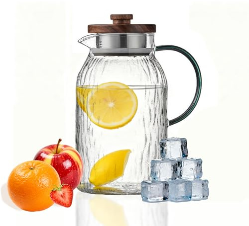 Fhlprte Glaskaraffe 1.5 L,Teekanne mit Holzmaserung, Karaffe Glas mit Edelstahl Deckel Glaskrug, für Heißes/Kaltes Wasser, DIY Getränke, Saft, Milch,Tee, Kaffee (Glas-Teekanne)