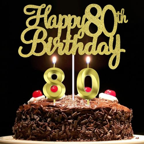80th Birthday Candles and Happy 80th Birthday Cake Topper, Number 80 Candles for Birthday Cake, 80 Cake Topper, 80 Birthday Cake Decorations for Women and Men (80)