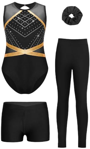 Alvivi 4er Set Mädchen Turnanzug Glitzer Gymnastikanzug mit Hose Shorts Haarband Gymnastikbody Turntrikot Gymnastik Kleidung Tanzkostüm