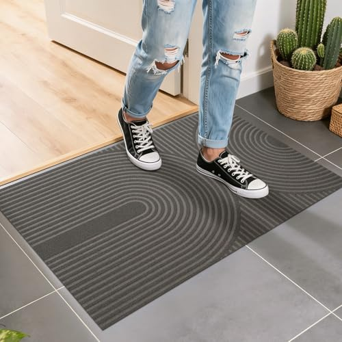FEOMOS Fußmatte Innen Außen 50x80cm, rutschfeste Schmutzfangmatte-Grau | Fussmatte Innen, Fußabtreter Niedriges Profil, Türmatte Waschbar Langlebig für Haustür, Flur, Balkon, Küche