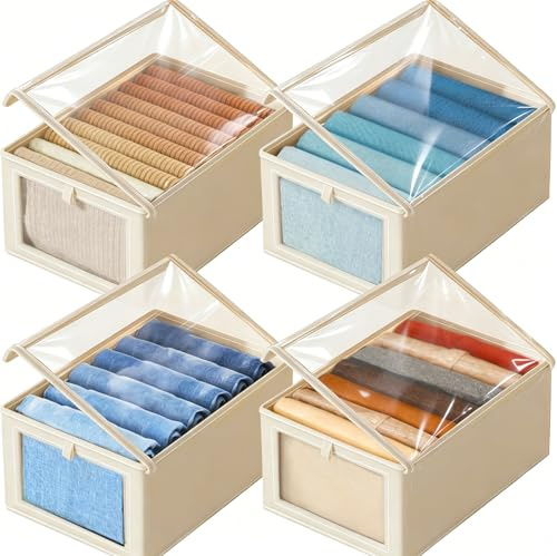 Tosoda Wardrobe Storage Organiser Boxes with Lids for Clothes Trousers | 40 x 25 x 20cm, Foldable, Oxford Fabric with Plastic Board, Washable, for Jeans Sweaters