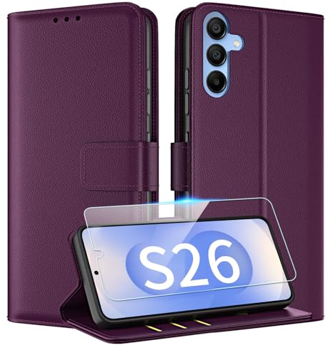 TQIAHF for Samsung Galaxy S26 Case Leather Wallet Phone Case Cover with Screen Protector Card Holder Magnetic Flip Shockproof Folio Stand Slim Book Style Phone Cover,Dark Purple