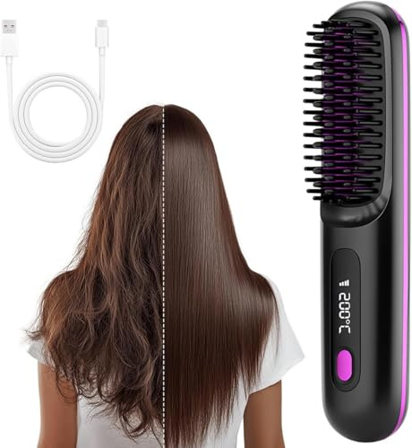 Cordless Ceramic Heated Hair Straightening Comb, Upgraded Portable Wireless Hair Straightening Brush for Travel, USB Rechargeable Heated Hot Comb, 3 Heat Settings & LED Screen, Go Brush Pro (Black)