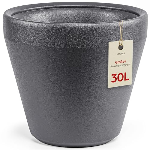 KONZEPT Übertopf groß 40 cm Durchmesser aus Kunststoff, 30 L, Anthrazit - Blumentopf in Ton-Optik, Kratzunempfindlich, UV- & Frostbeständig, für Innen & Außen geeignet