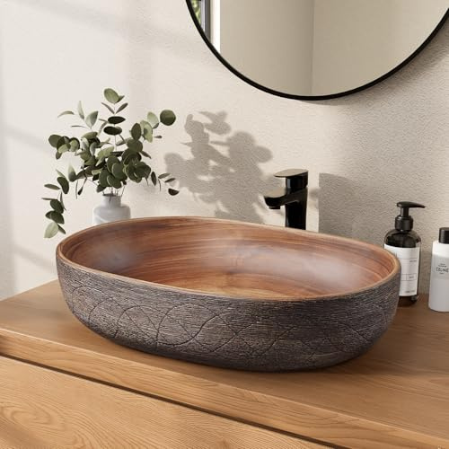 Homary Ovales Aufsatzwaschbecken 59 cm Keramik, Waschbecken Bad aus Keramik für modernes Waschbecken Badezimmer im Retro-Stil, ovales Design ohne Hahnloch
