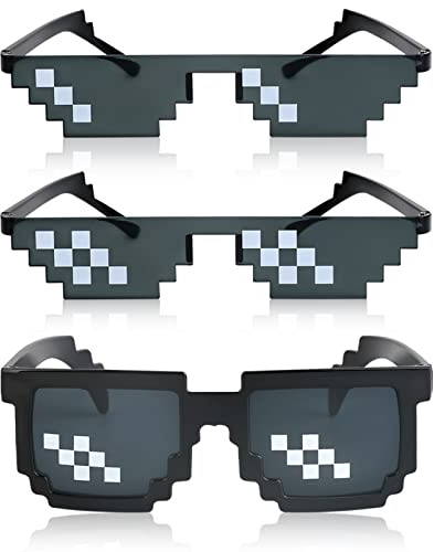 [Lot de 3] Lunettes de Soleil Thug Life, Hommes Femmes Verre 8 Bits Pixel mosaïque Lunettes Accessoires Photo Unisexe Jouet Lunettes de Soleil Jouet - Noir, Noir, carré