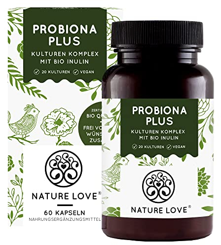 NATURE LOVE® Probiona PLUS - 120 Mrd KBE je Tagesdosis (hochdosiert) - 20 Bakterienstämme + Bio Inulin - 60 magensaftresistente Kapseln - vegan, entwickelt in Deutschland, Markenrohstoff aus Italien