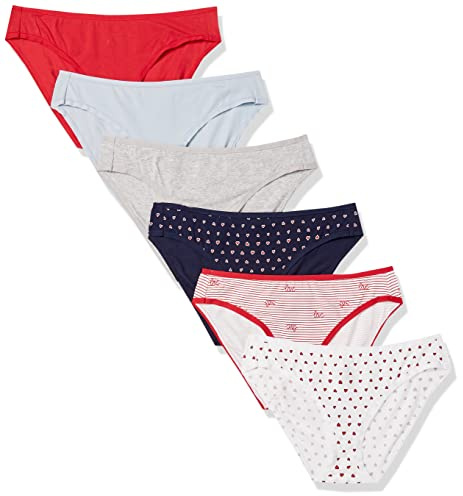 Amazon Essentials Women's Bikinitrosor underkläder i bomull (finns i plusstorlek), Pack of 6, Flerfärgad/Hjärtan/Rand, L