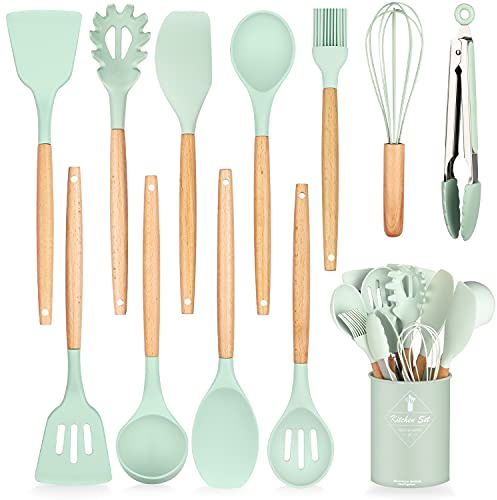 HENSHOW Set Utensili da Cucina in Silicone, 12 Pezzi Con Porta Utensili - Antiaderente AntiGraffio Con Manico in Legno (Verde)
