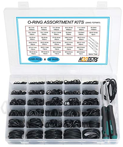 KOOTANS 32Size 1225Pcs Metric Nitrile Rubber O Rings Assortment Kit + 4pcs O-Ring Remover, Oil Resistant NBR O-Ring Sealing Assortment Kit Set for Air Plumbing, Fuel Injector and Faucet Seal O Rings