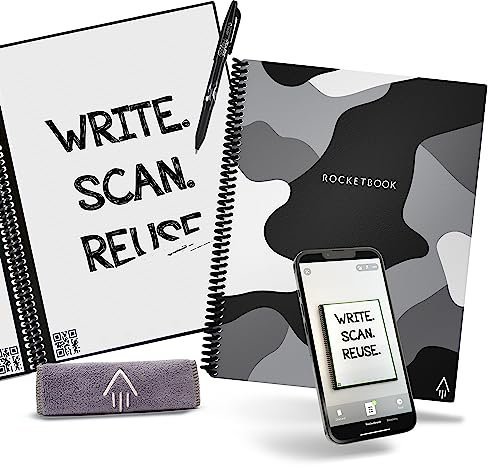 Rocketbook Reusable Digital Notebook - Smart Notepad A4 Grey Camo - Spiral Note Book To Do List, Lined Paper with Frixion Erasable Pen and Wipe, Office Gadget with Rocketbook App, Reduce Paper Waste