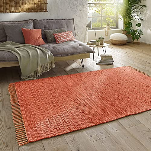 Taracarpet Handwebteppich Läufer Fleckerl Teppich Uni waschbar aus Baumwolle für Wohnzimmer und Küchenteppich 060x120 cm Terracotta