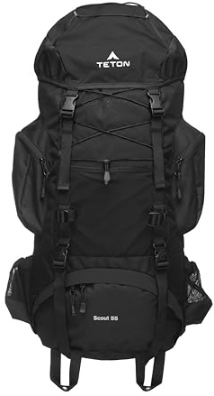 Teton 55L Scout Internal Frame Backpack for Hiking, Camping, Backpacking, Travel, Rain Cover Included, Black