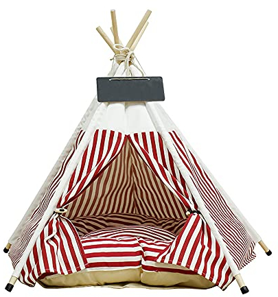 lodaonou Hundezelt,Katzenzelt weiche Hundebetten für kleine und mittlere Hunde Mit passendem Kissen und Namensschild60x60x70cm(L Red Stripes)