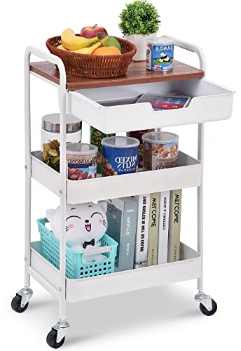 KINGRACK Aufbewahrungswagen 3-Ebenen mit Tischplatte, Multifunktionswagen aus Metall für Küche, Haus, Büro, Dunkelbraun