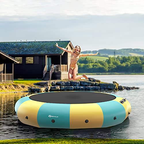Goplus Inflatable Water Trampoline, 10FT/12FT/15FT Recreational Water Bouncer w/Electric Inflator, Rope Ladder, Mooring Ropes, Anchor, Adults Youth Bounce Swim Platform for Lakes, Pools