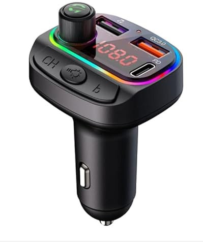 Transmetteur FM Bluetooth compatible pour Realme V3 5G, Adaptateur pour Autoradio - Kit Voiture Mains Libres Avec Chargeur QC3.0 & 5V/2.4A, Rétro-éclairage 7 Couleurs, Lecteur USB de Musique MP3.