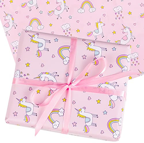 Dacitiery 5 Blatt Geschenkpapier Geburtstag für Kinder, 70 x 50cm | Einhorn Wrapping Paper, mit 1 Rollen Geschenkband, für Geburtstag Mädchen, Jungen, Babyparty Geschenkverpackung